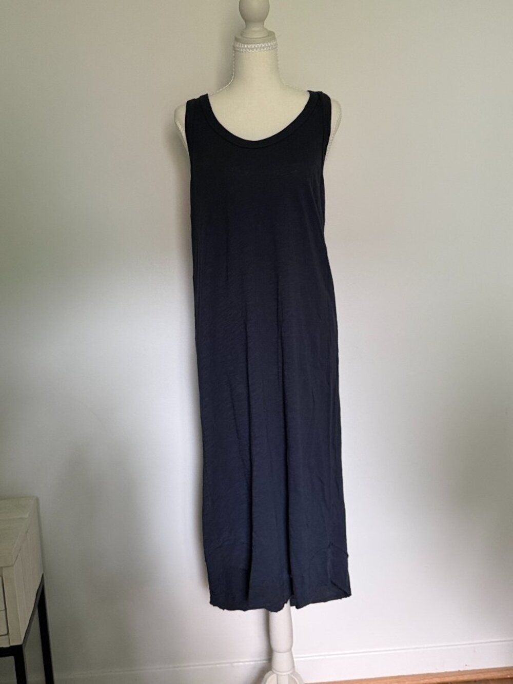 WILT Navy Cotton Column Maxi Dress | Raw Edge Curved Hem | Lightweight | Size S